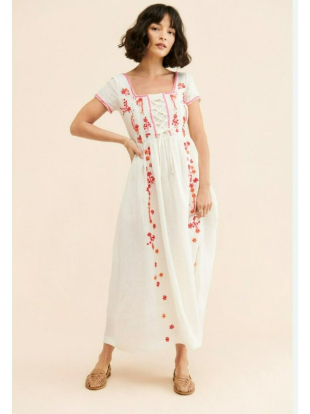 Tach Clothing Raffaella Free People White Pink Linen Floral Embroidered Dress - Picture 2 of 16